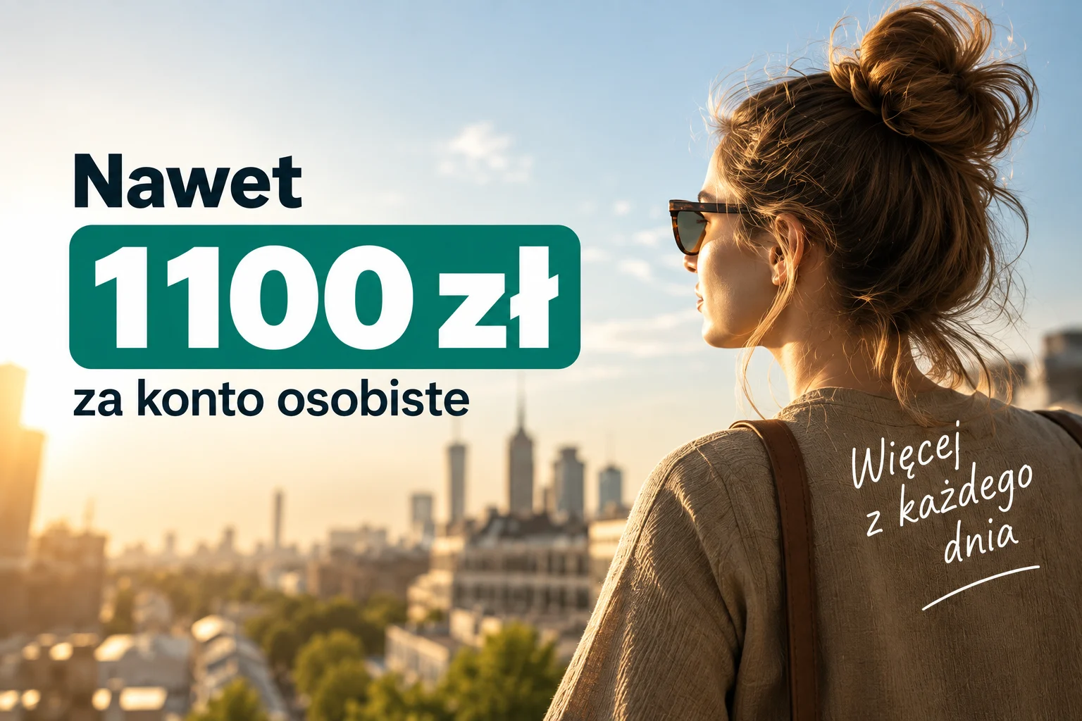 Do 1100 zł za konto osobiste w BNP Paribas, kobieta na tle panoramy miasta.