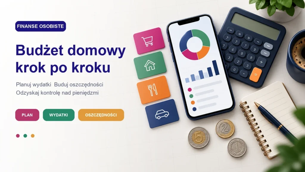 Grafika przedstawiająca planowanie budżetu domowego za pomocą telefonu, kalkulatora i kategorii wydatków