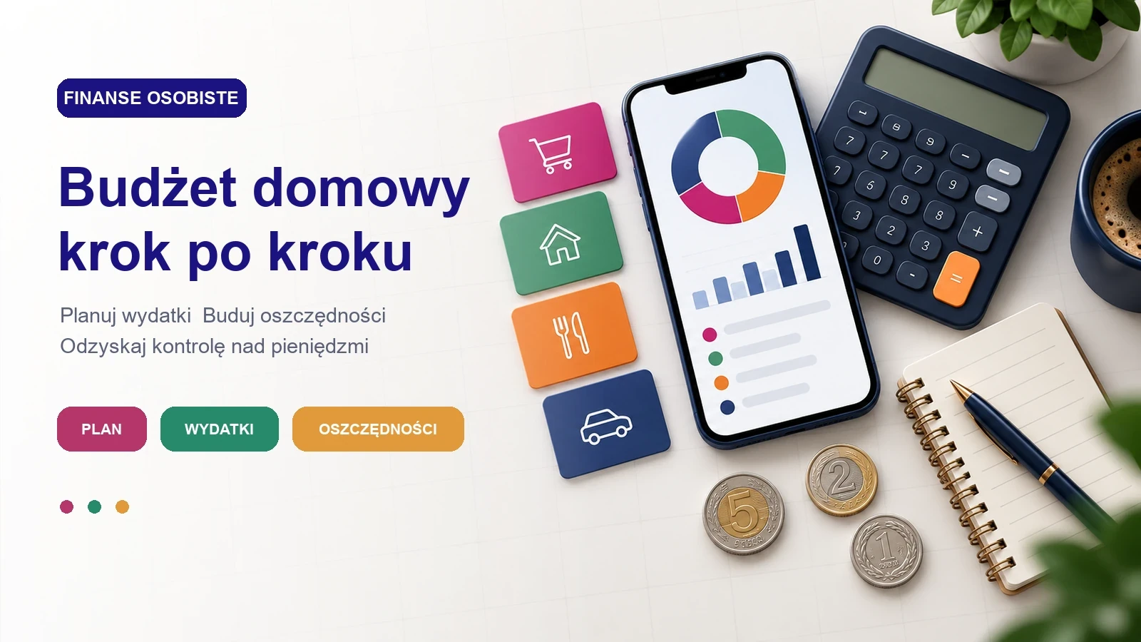 Grafika przedstawiająca planowanie budżetu domowego za pomocą telefonu, kalkulatora i kategorii wydatków
