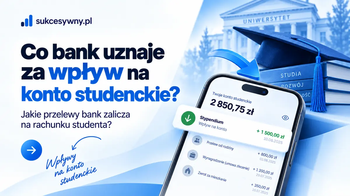 Wpływy na konto studenckie przedstawione na ekranie telefonu obok książek i biretu.