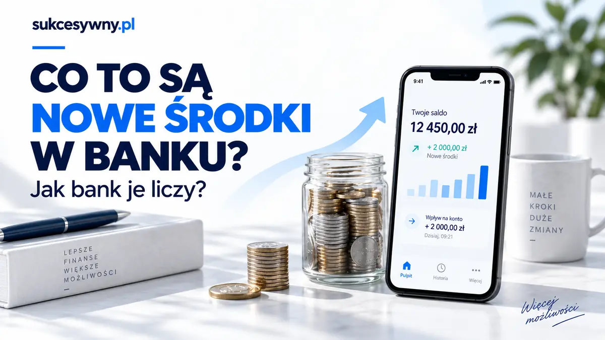 Nowe środki w banku zilustrowane saldem na telefonie i odkładanymi monetami.