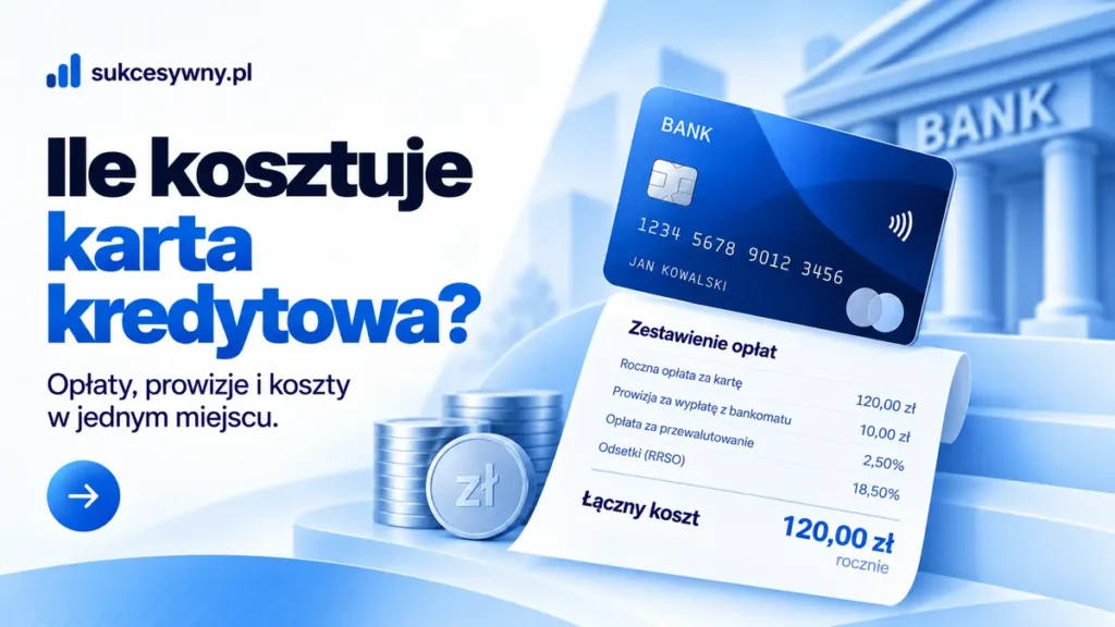 Koszty karty kredytowej zilustrowane kartą, monetami i zestawieniem opłat.