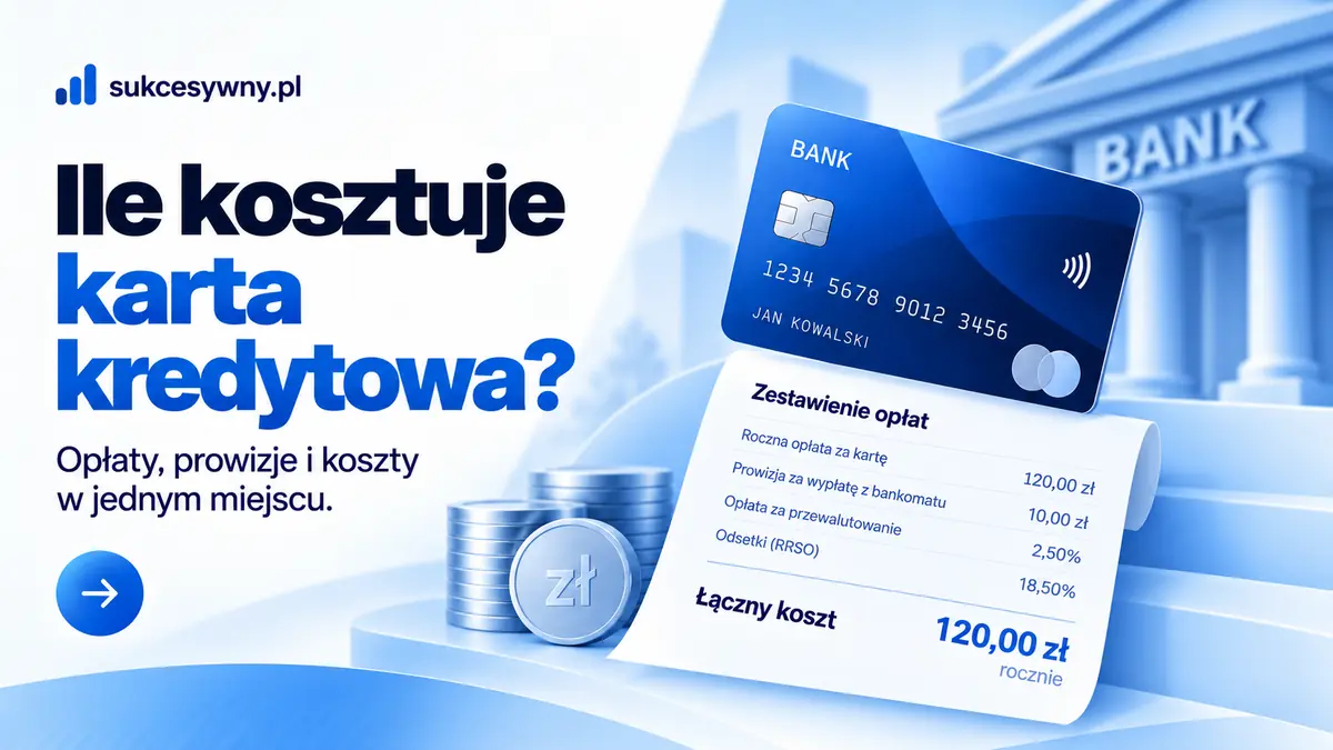Koszty karty kredytowej zilustrowane kartą, monetami i zestawieniem opłat.