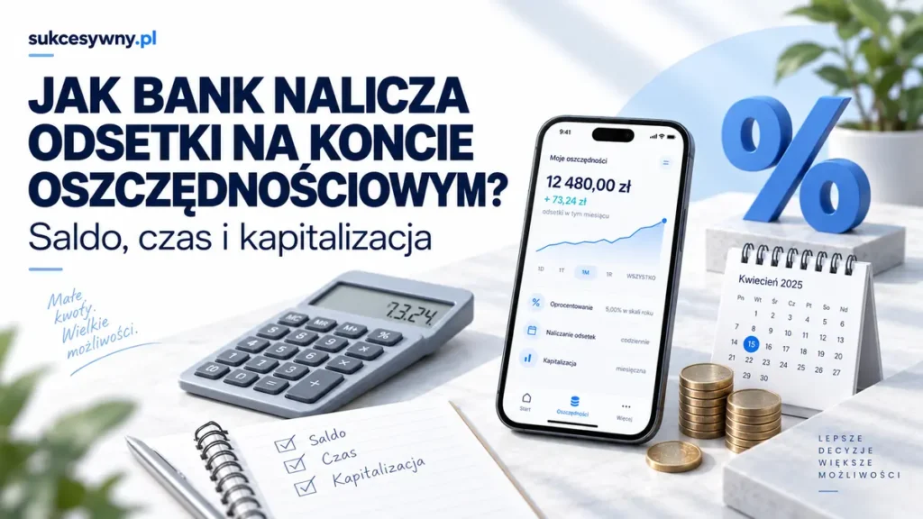 Naliczanie odsetek na koncie oszczędnościowym z ilustracją salda, kalendarza i kalkulatora.