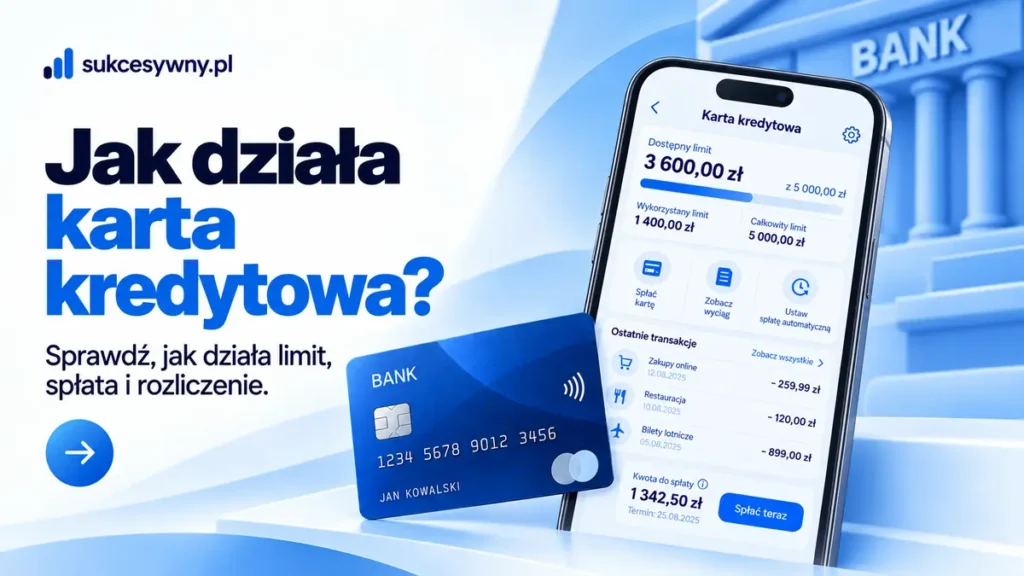 Działanie karty kredytowej zilustrowane dostępnym limitem i zadłużeniem w aplikacji.