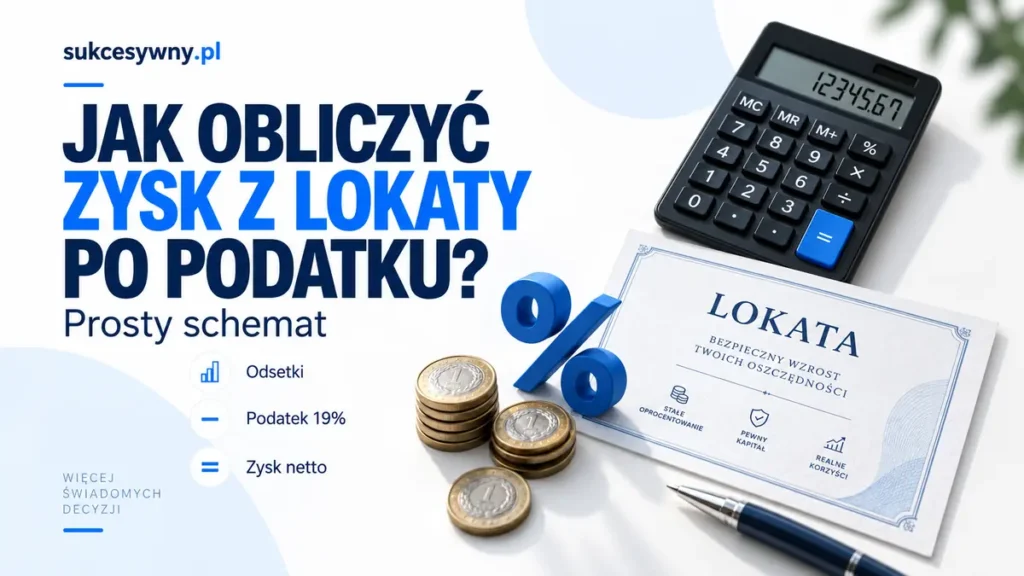 Obliczanie zysku z lokaty po podatku z kalkulatorem, monetami i dokumentem lokaty.