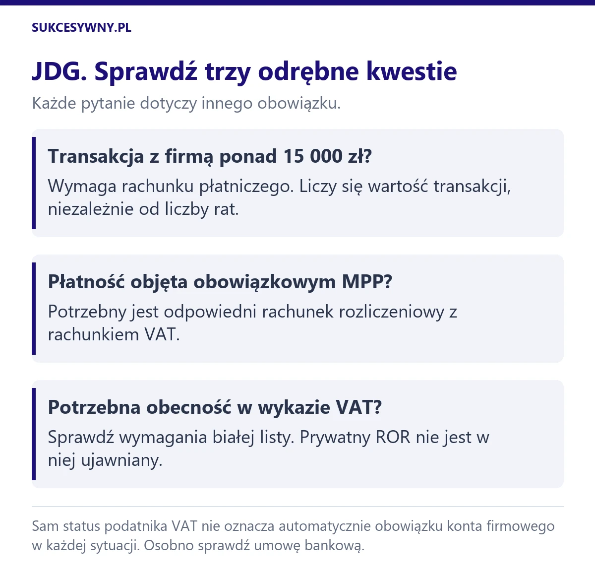 W JDG osobno sprawdza się płatności między firmami ponad 15 000 zł, obowiązkowy MPP oraz wymagania białej listy VAT.