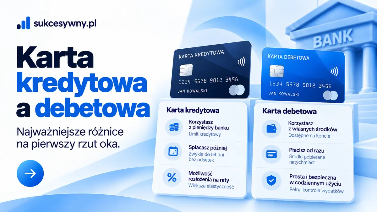 Karta kredytowa a debetowa przedstawione w porównaniu źródła pieniędzy i sposobu rozliczenia.