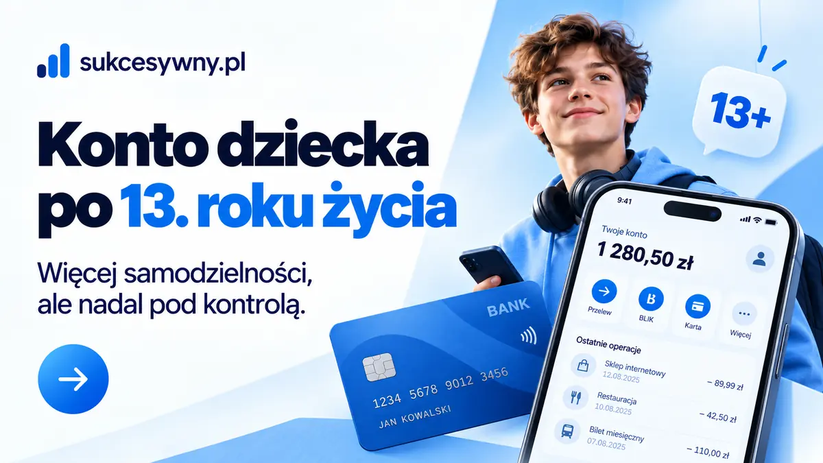 Nastolatek z kartą i telefonem ilustrujący konto dziecka po 13. roku życia.