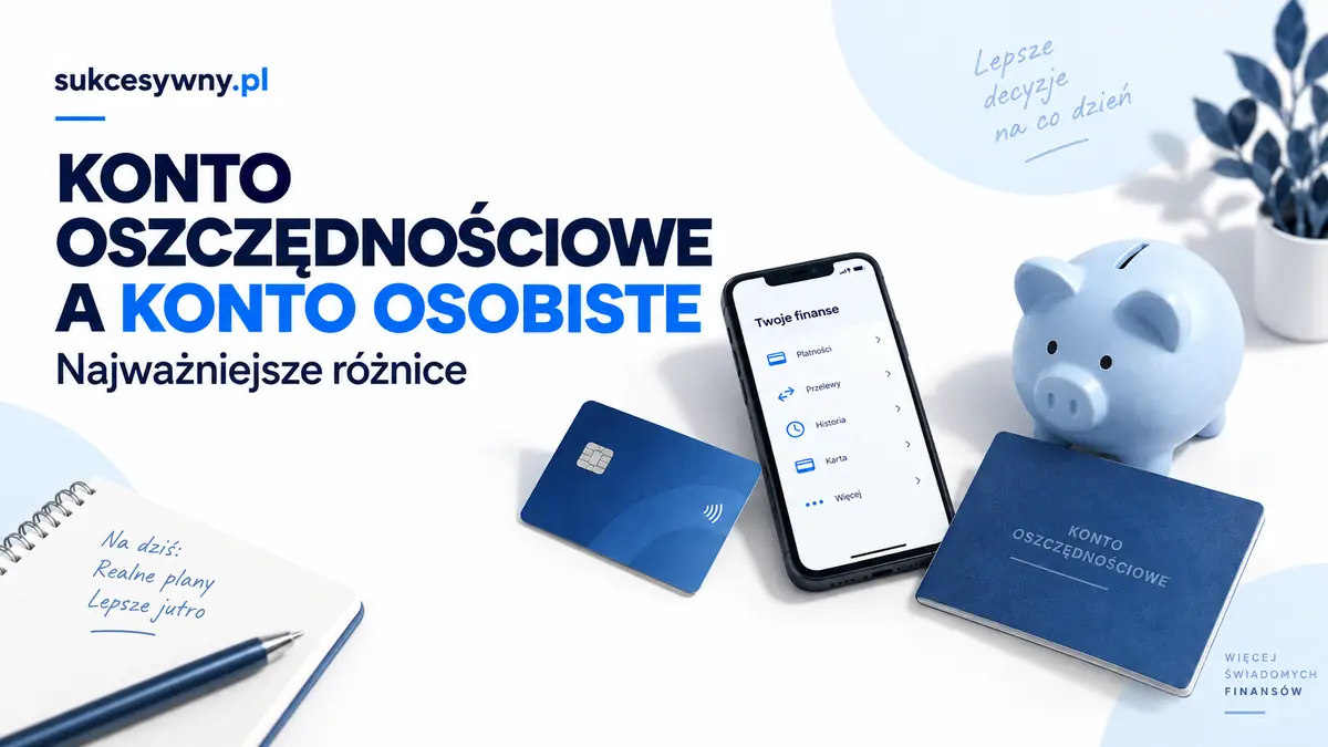 Porównanie konta oszczędnościowego i osobistego z ilustracją telefonu, karty i skarbonki.