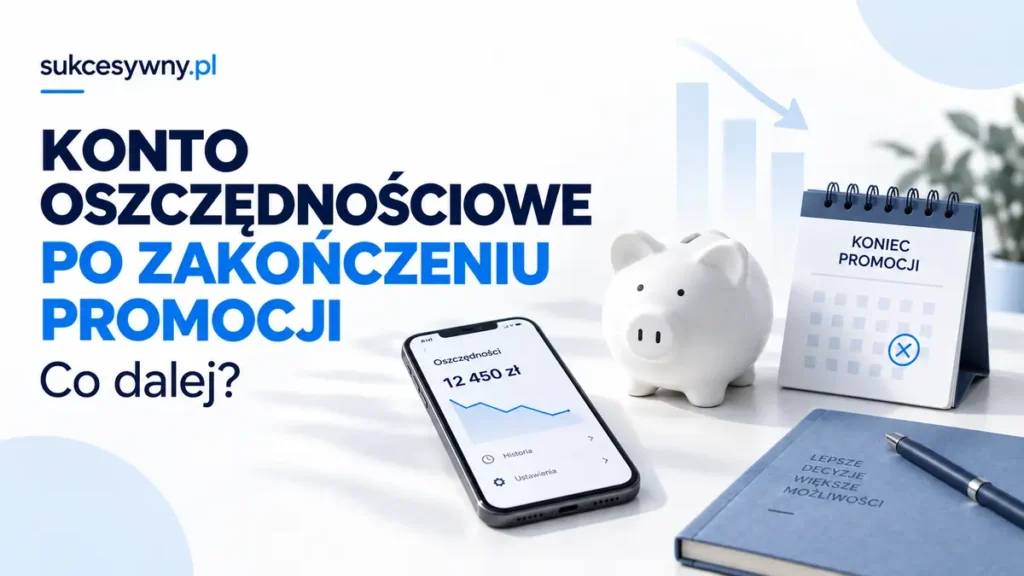 Koniec promocji konta oszczędnościowego zilustrowany kalendarzem, skarbonką i wykresem.