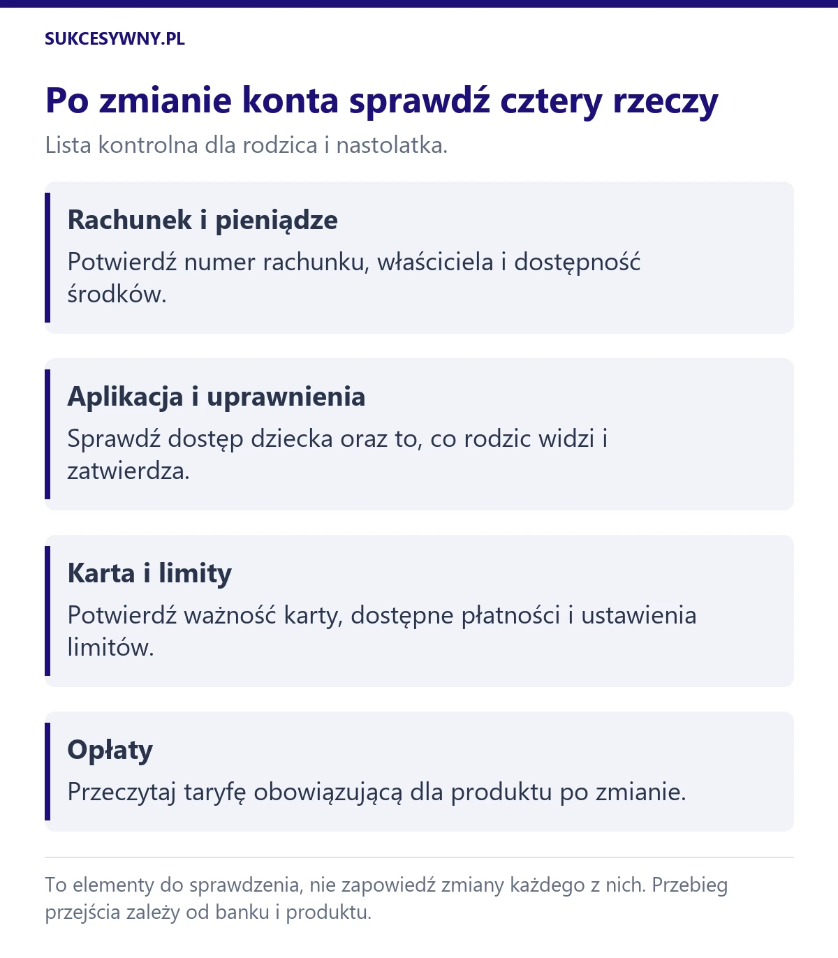Po 13. urodzinach sprawdź rachunek i środki, dostęp do aplikacji, kartę i limity oraz taryfę opłat.