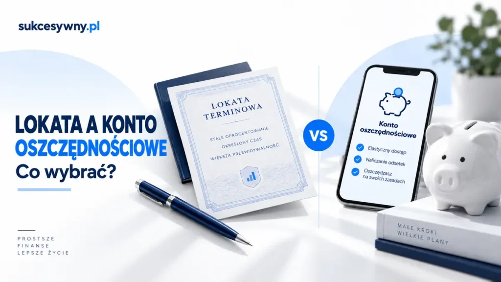 Lokata a konto oszczędnościowe przedstawione jako porównanie dokumentu lokaty i rachunku w telefonie.