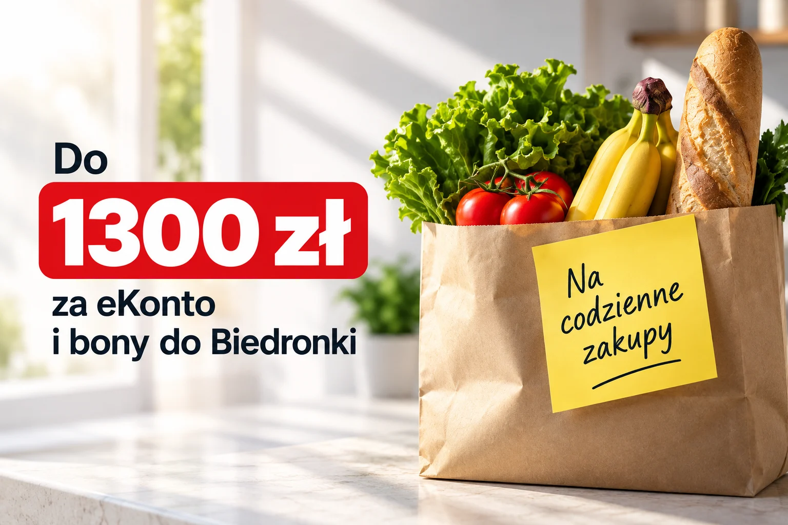 Do 1300 zł łącznie za eKonto i bony do Biedronki, torba z zakupami spożywczymi.