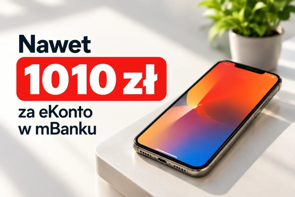 Nawet 1010 zł za eKonto w mBanku, smartfon na jasnym biurku.
