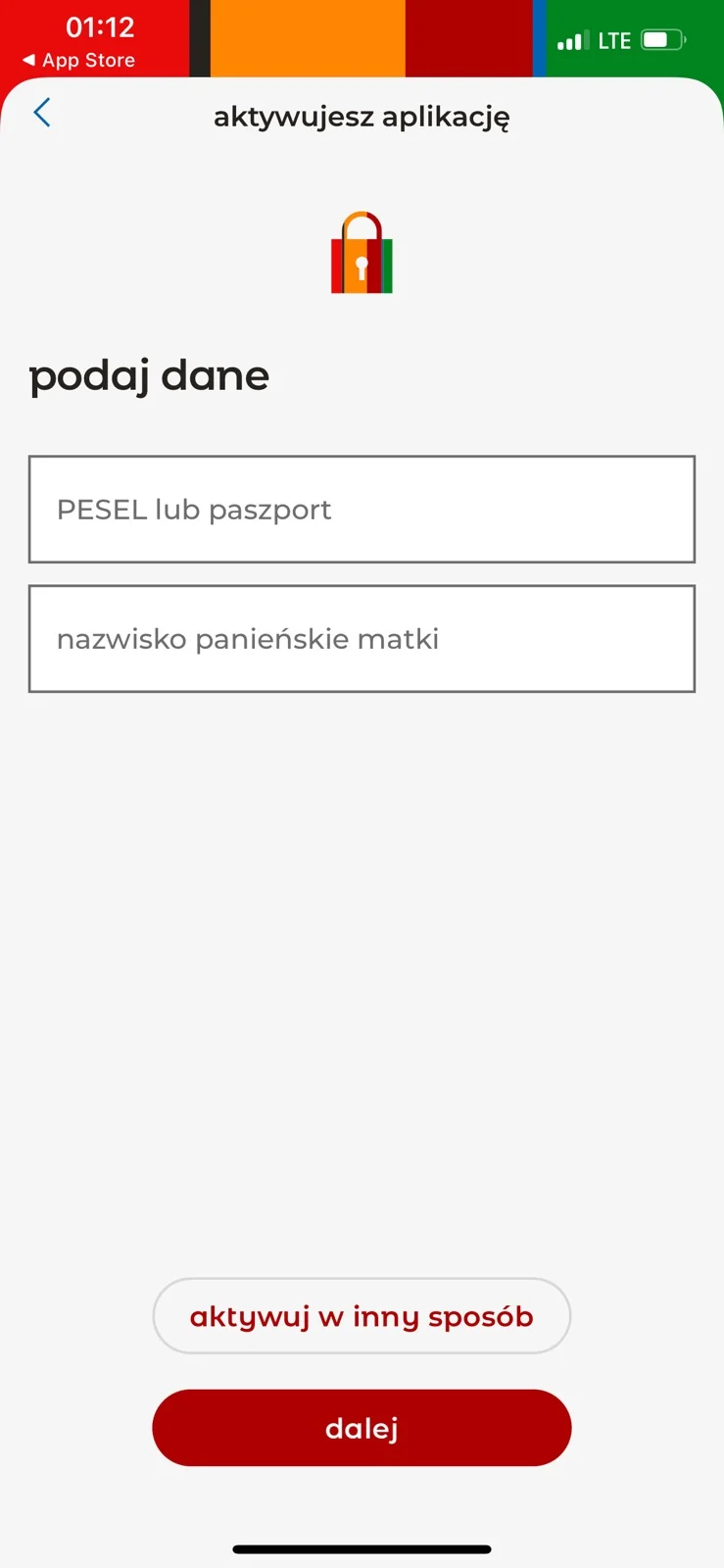 Pola danych potrzebnych do aktywacji aplikacji mBanku