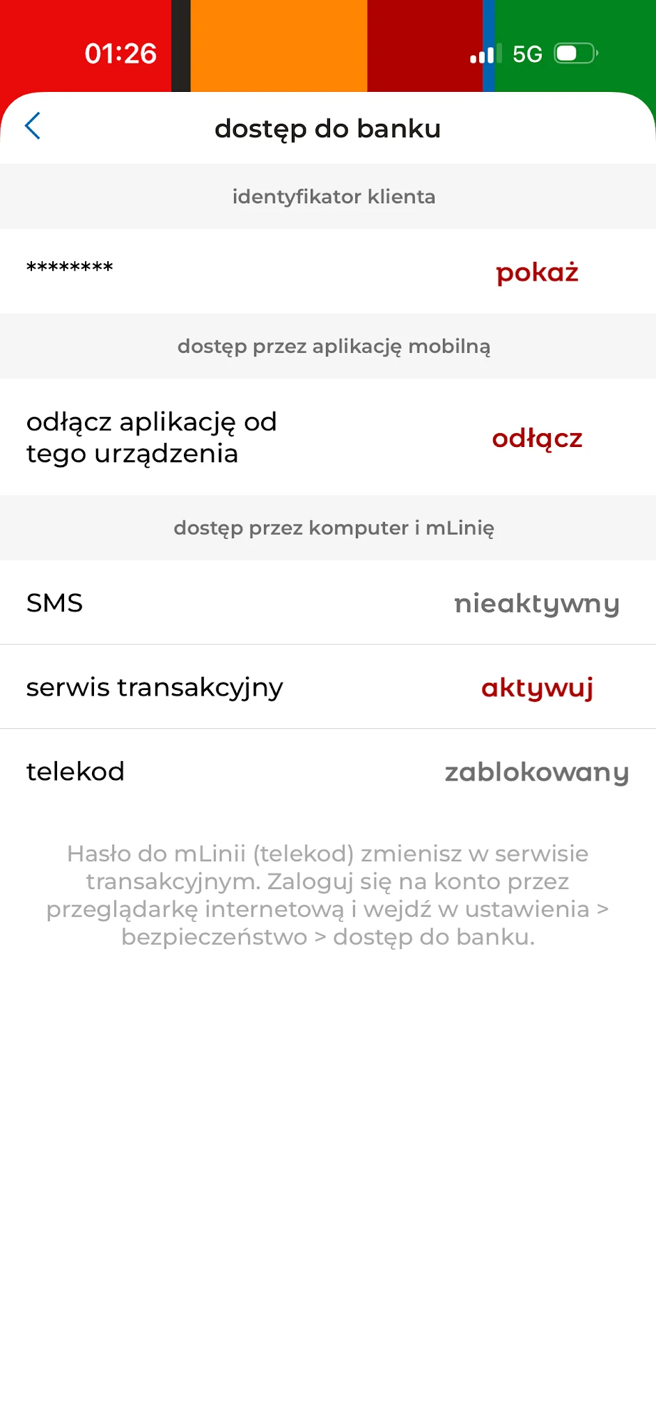 Ustawienia dostępu do banku w aplikacji mBanku