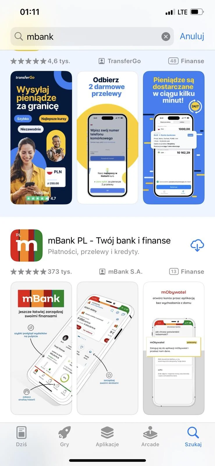 Wyszukiwanie aplikacji mBank PL w App Store