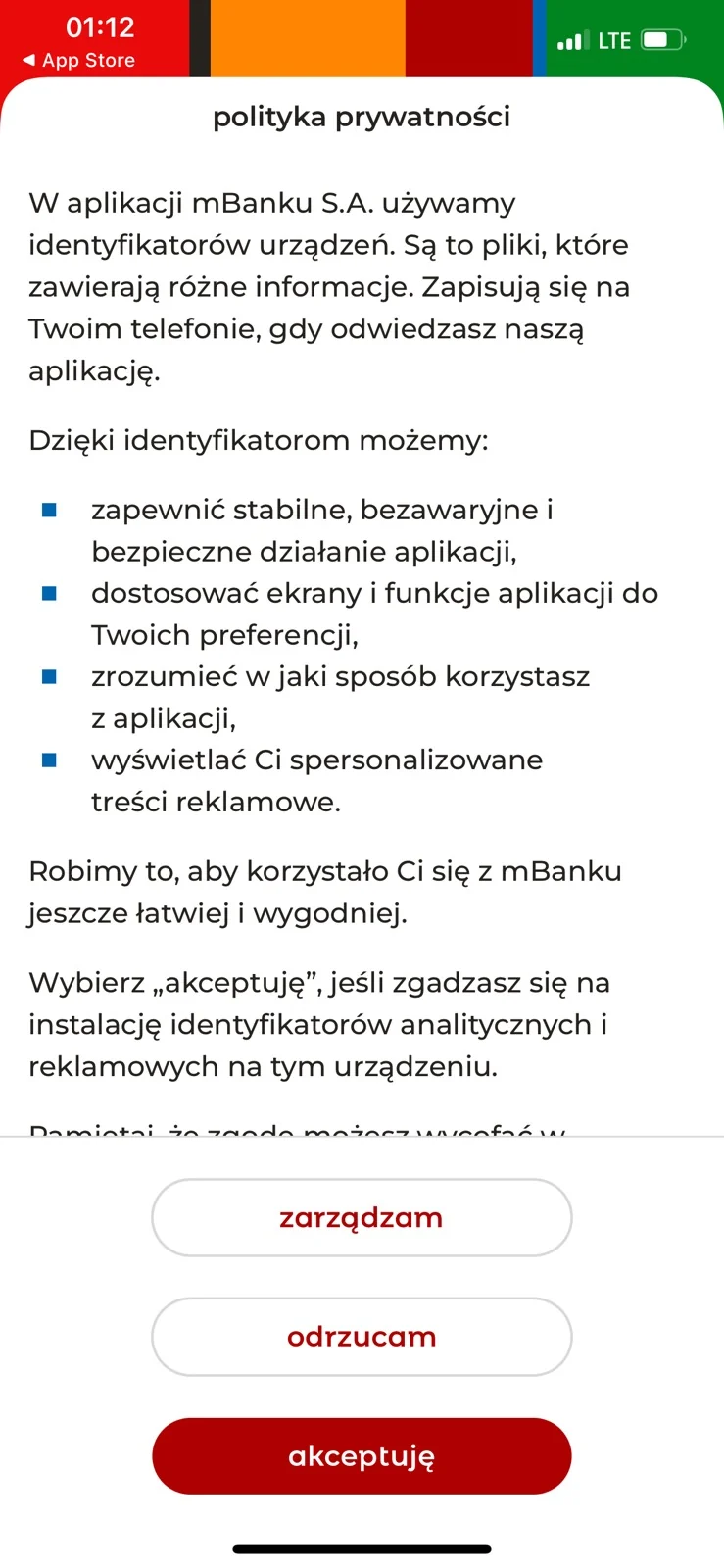 Informacja o prywatności podczas aktywacji aplikacji mBanku