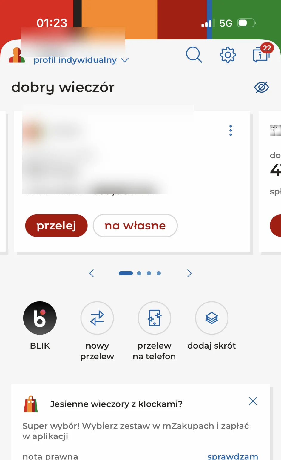 Pulpit aplikacji mBanku po zalogowaniu