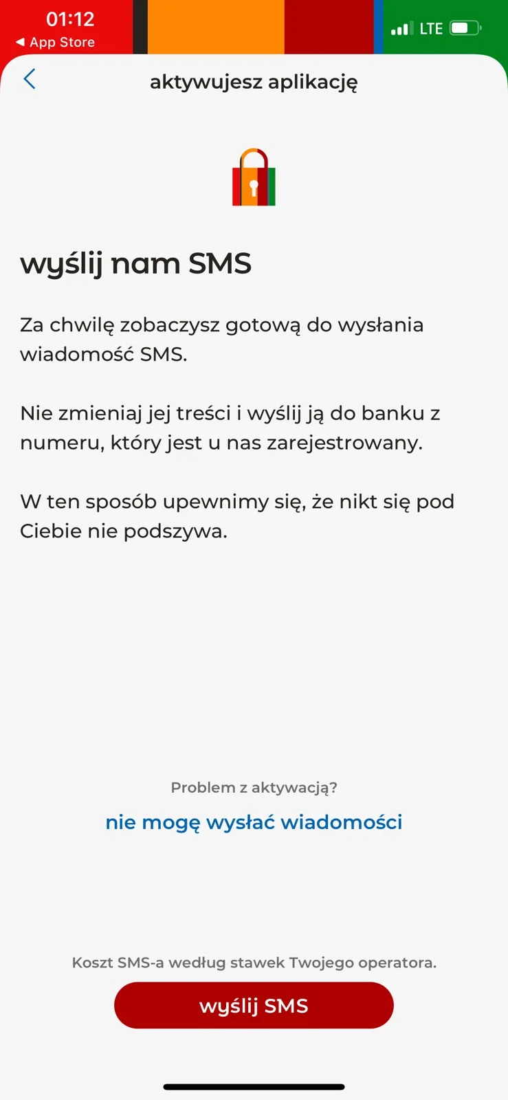 Wiadomość SMS przygotowana podczas aktywacji aplikacji mBanku