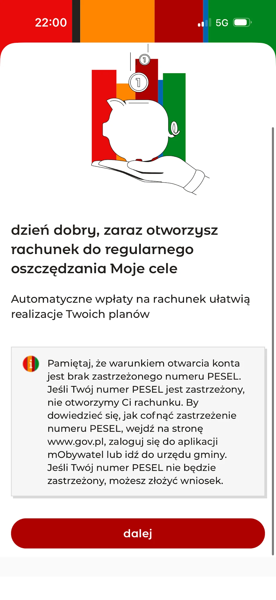 Ekran rozpoczęcia otwierania rachunku Moje cele w aplikacji mBanku