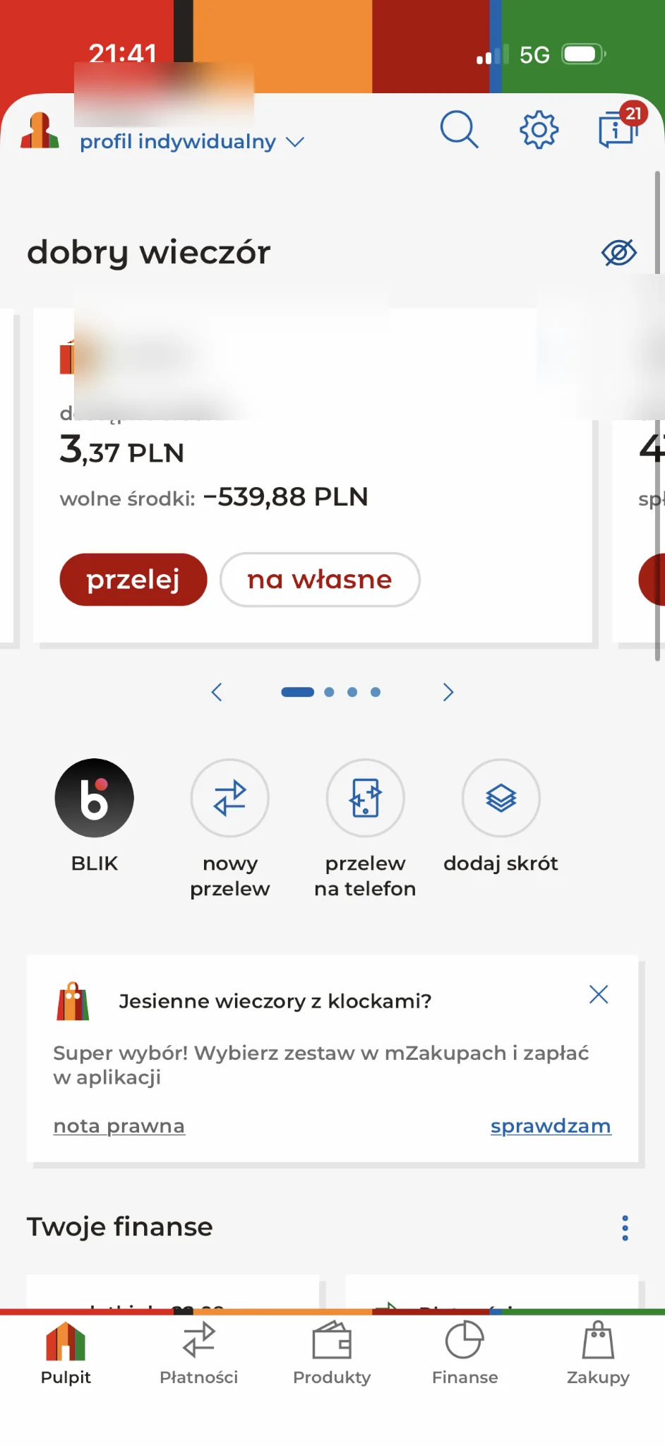 Pulpit aplikacji mBanku prowadzący do sekcji produktów i oszczędności