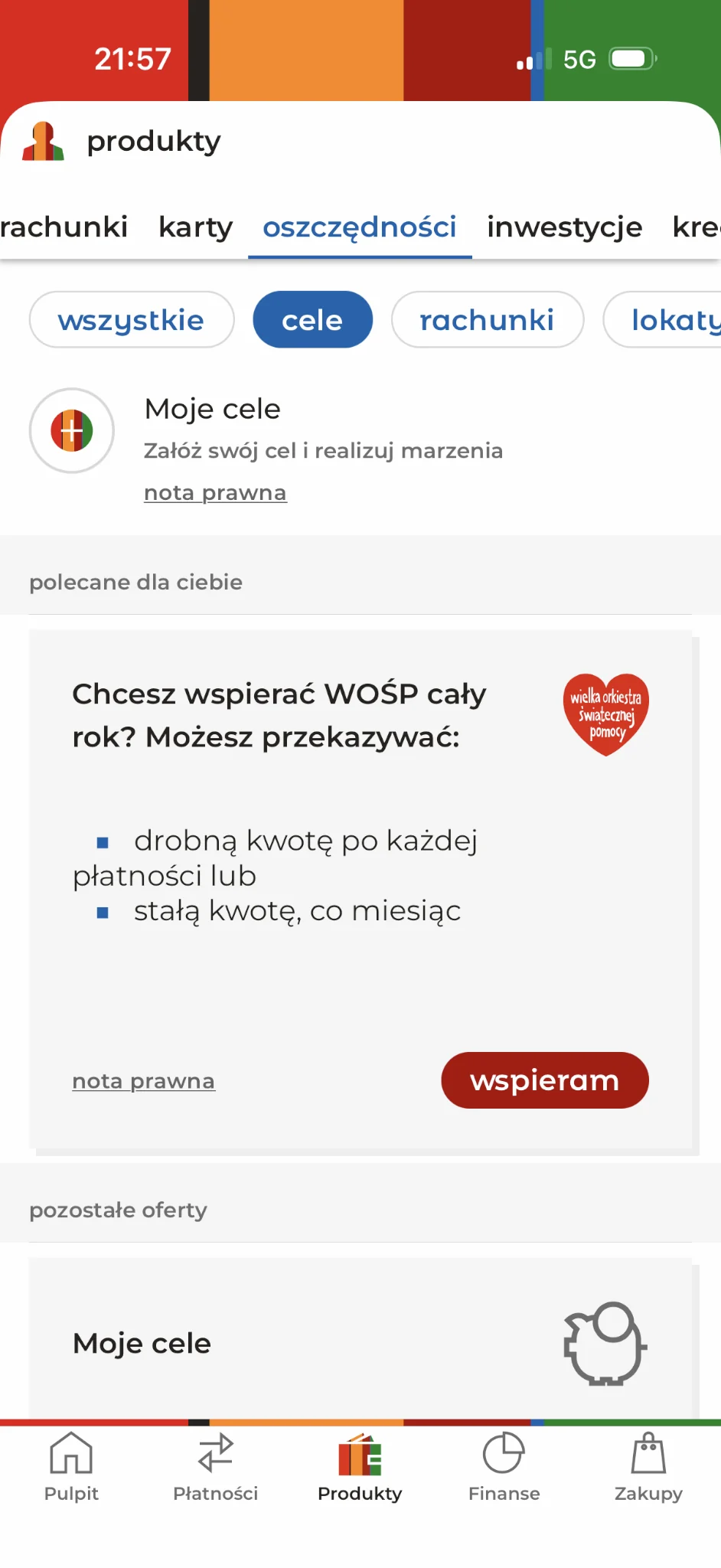 Zakładka oszczędności i cele w aplikacji mBanku