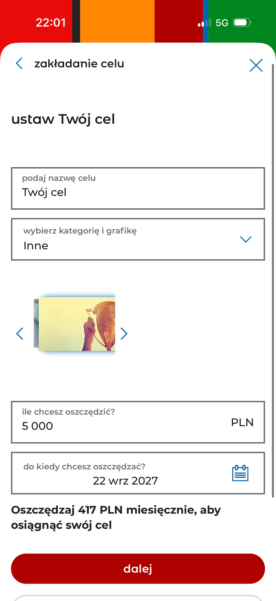 Ustawienie nazwy, kwoty i terminu celu w aplikacji mBanku