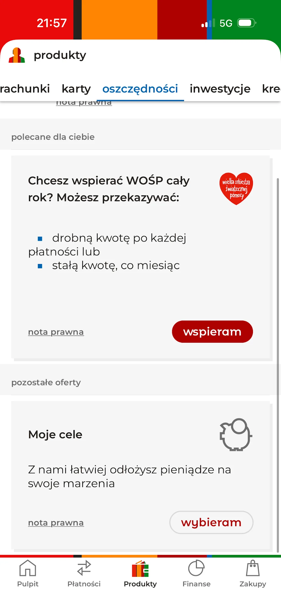 Kafel Moje cele w sekcji oszczędności aplikacji mBanku
