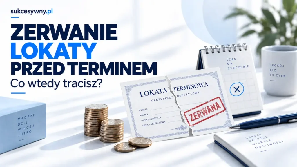 Zerwanie lokaty przed terminem zilustrowane dokumentem lokaty, kalendarzem i monetami.
