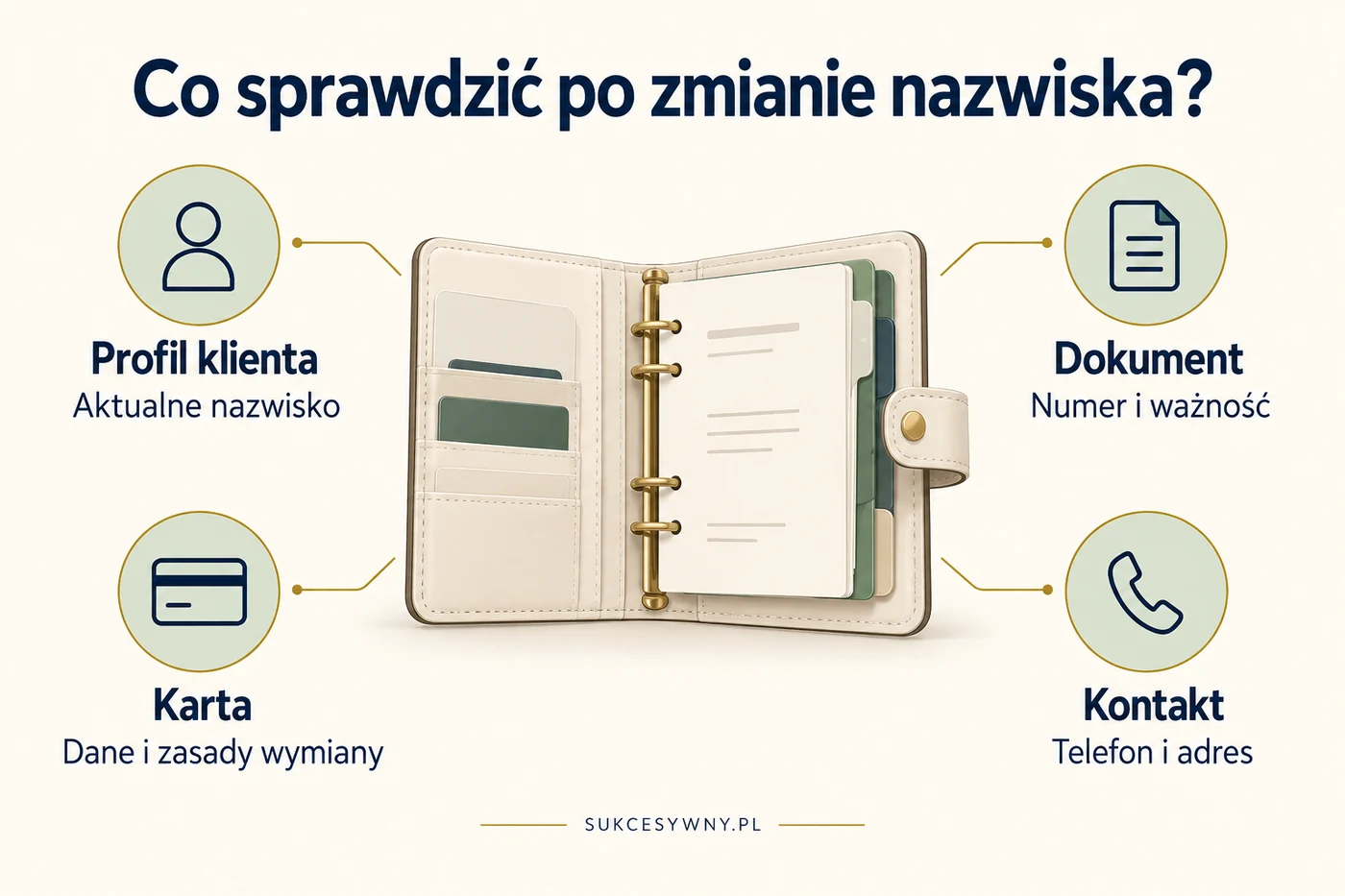 Cztery obszary do sprawdzenia po zmianie nazwiska: profil klienta, dokument, karta i dane kontaktowe.