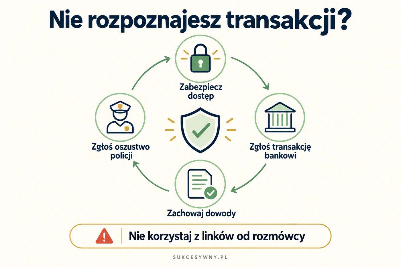Działania po nieuprawnionej transakcji: zabezpieczenie dostępu, zgłoszenie bankowi, zachowanie dowodów i zawiadomienie policji.