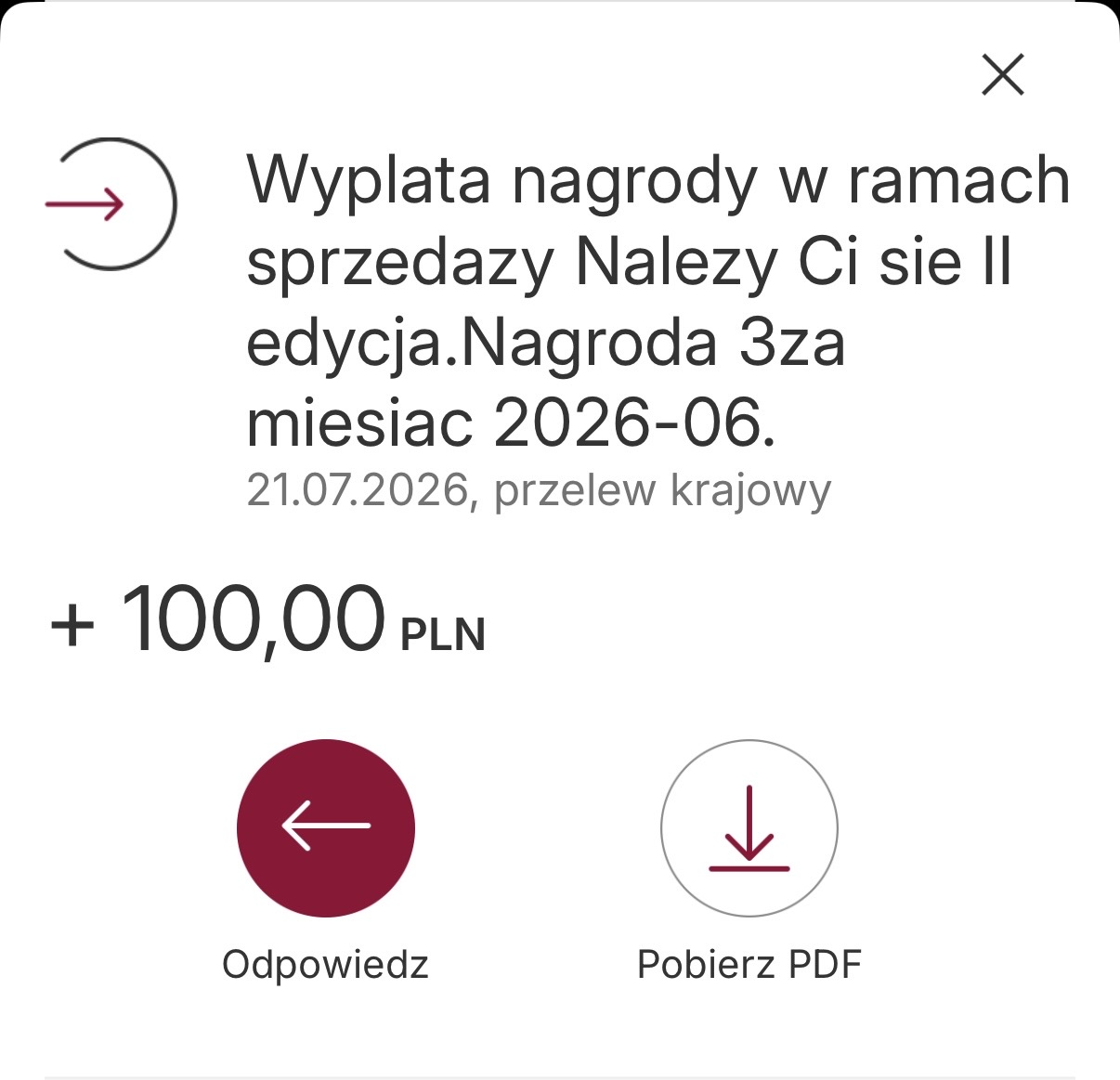 Potwierdzenie wypłaty 100 zł nagrody w Alior Banku z 21 lipca 2026 r.