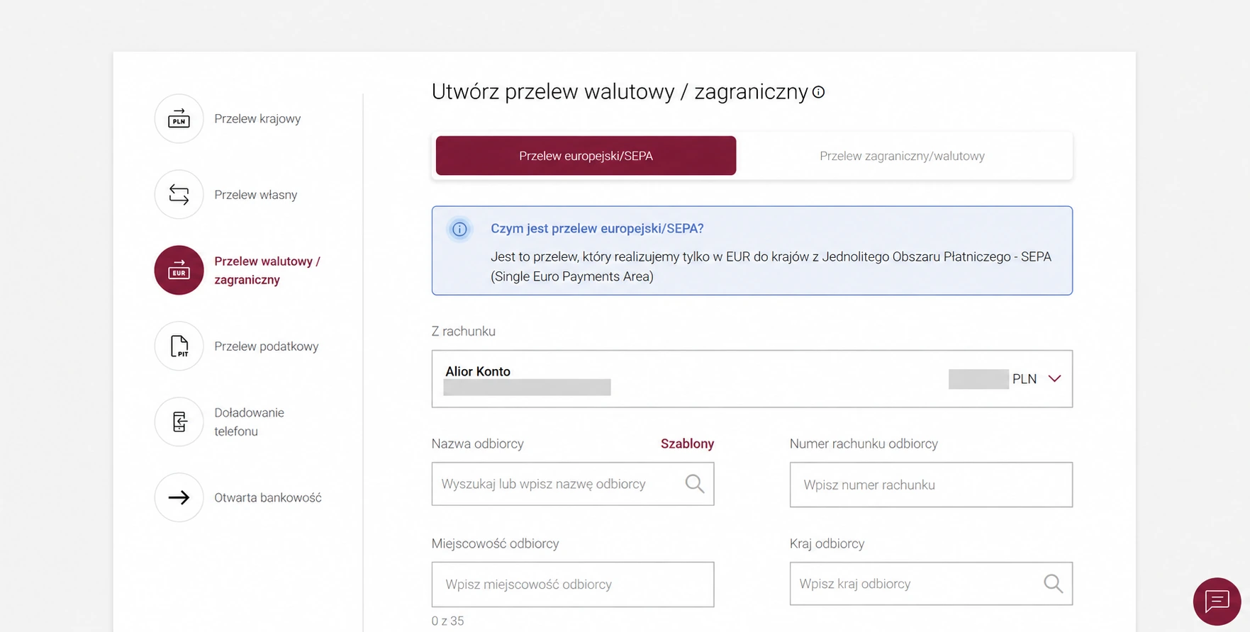 Formularz Alior Online z wybraną zakładką Przelew europejski SEPA