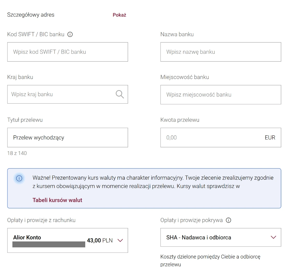Dolna część formularza przelewu walutowego w Alior Online z opcją kosztów SHA