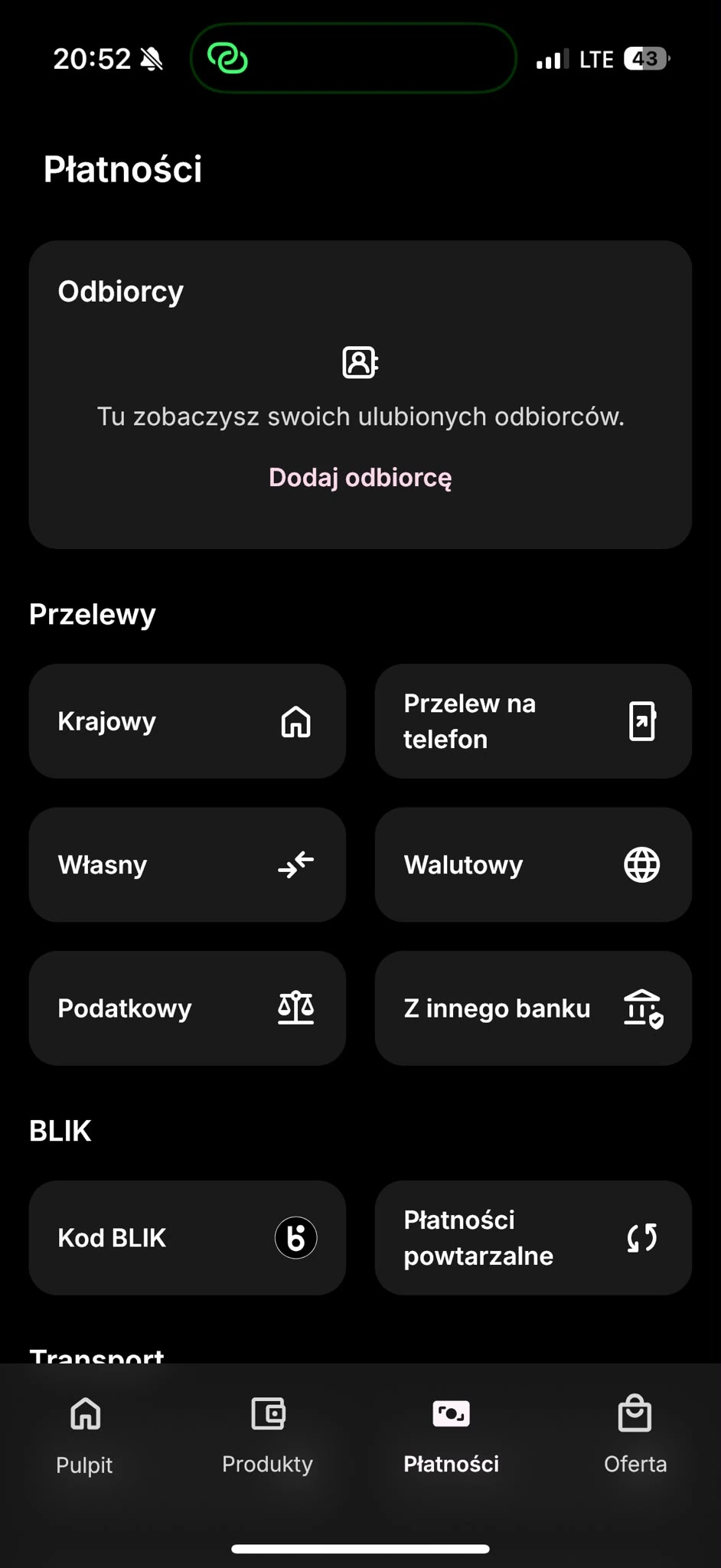 Kafelek Walutowy w sekcji Płatności aplikacji Alior Mobile