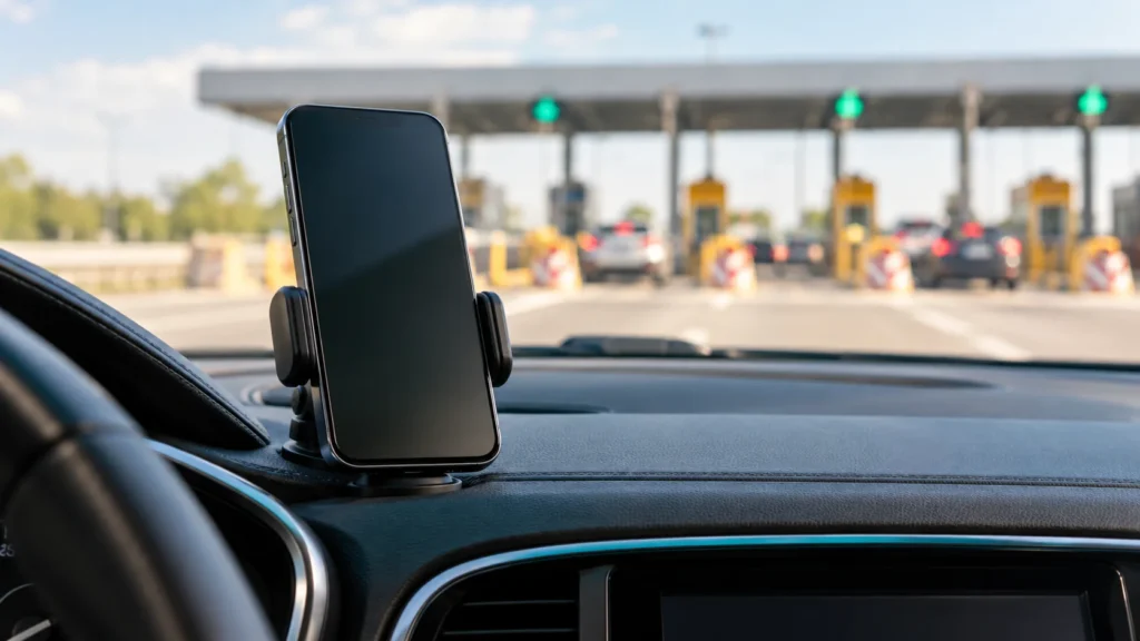 Telefon w samochodzie przy bramkach autostradowych. Ilustracja do poradnika o Autopay.