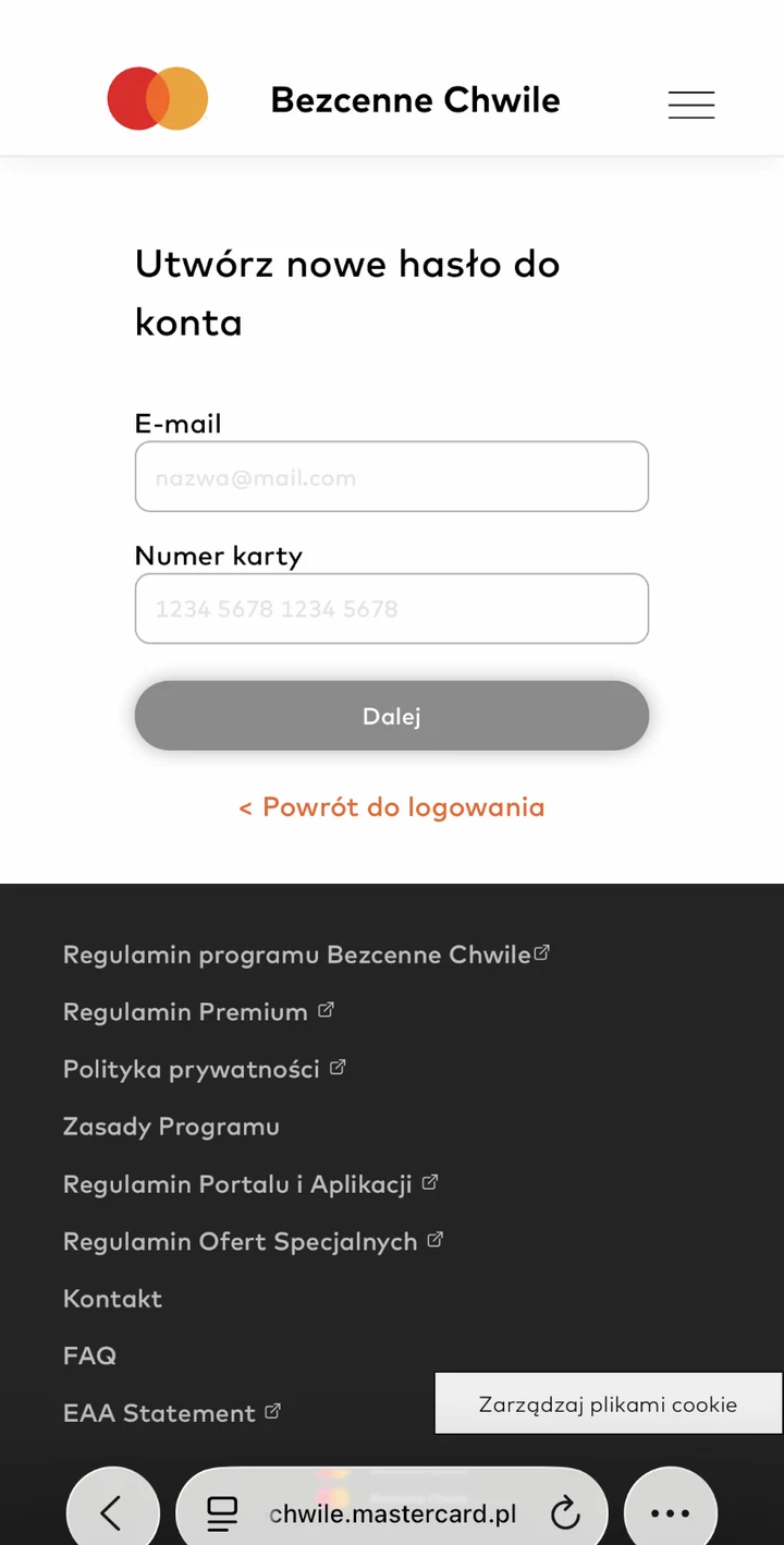 Formularz odzyskiwania hasła do konta Bezcenne Chwile