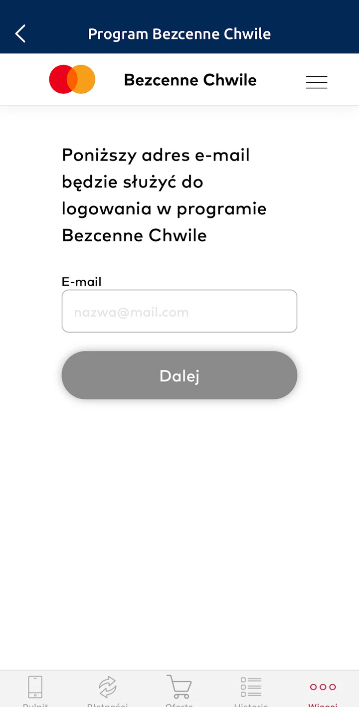 Pole adresu e-mail podczas rejestracji w Bezcennych Chwilach