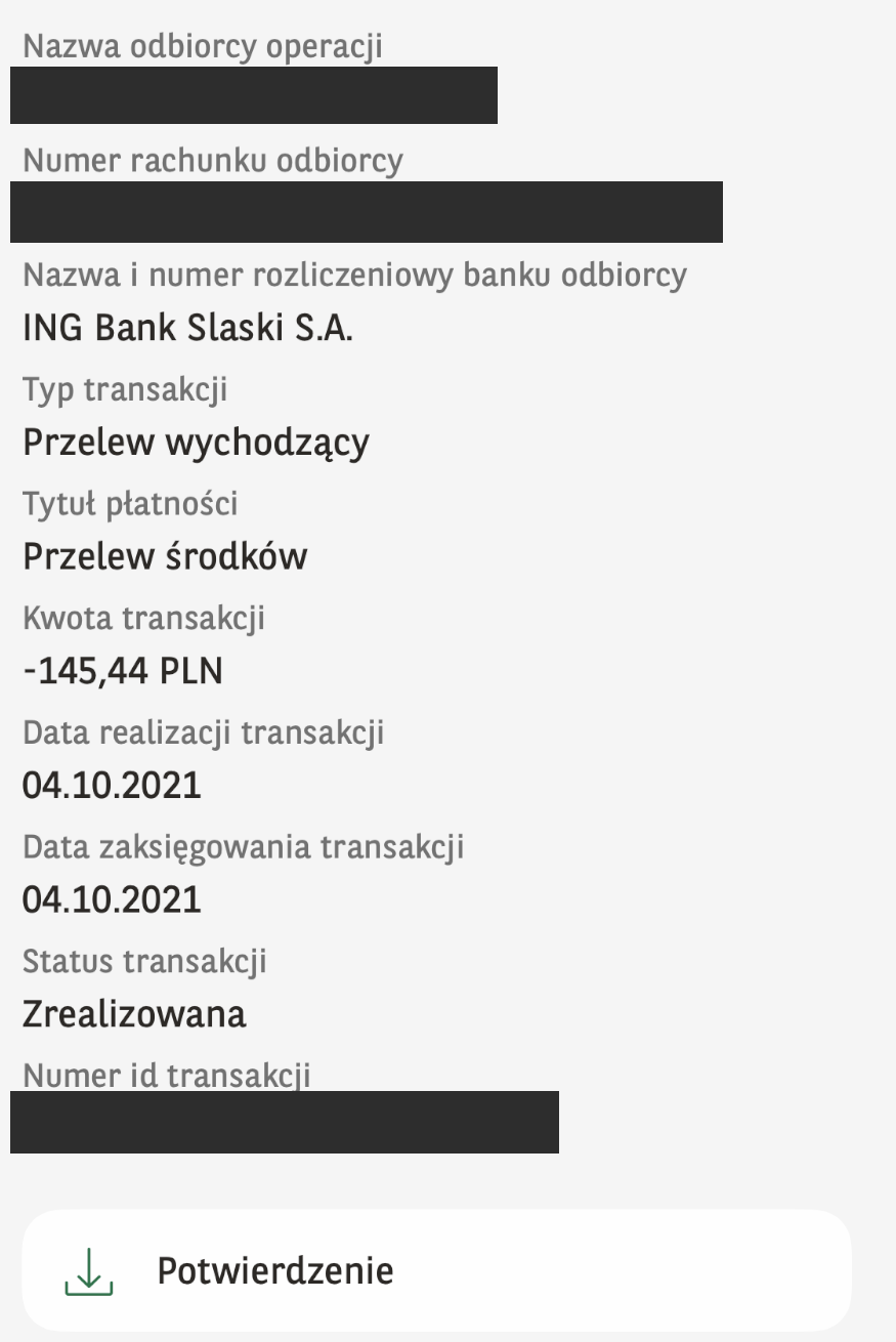 Szczegóły transakcji w GOmobile z przyciskiem Potwierdzenie