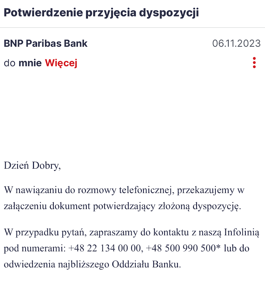 Archiwalna wiadomość BNP Paribas potwierdzająca przyjęcie dyspozycji wypowiedzenia