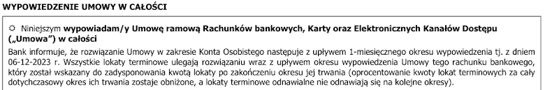 Fragment archiwalnego wypowiedzenia BNP Paribas z miesięcznym terminem rozwiązania umowy