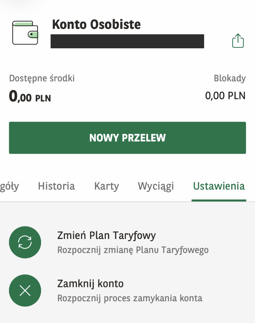 Ustawienia konta osobistego w GOmobile z opcją Zamknij konto