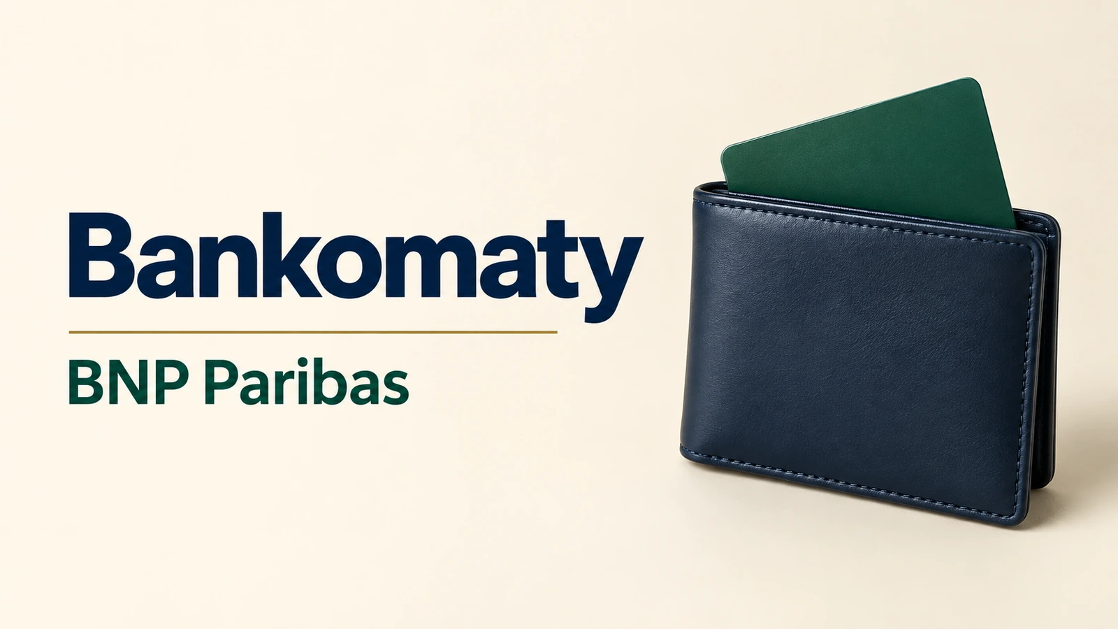 Bankomaty BNP Paribas, granatowy portfel i pusta zielona karta na kremowym tle.
