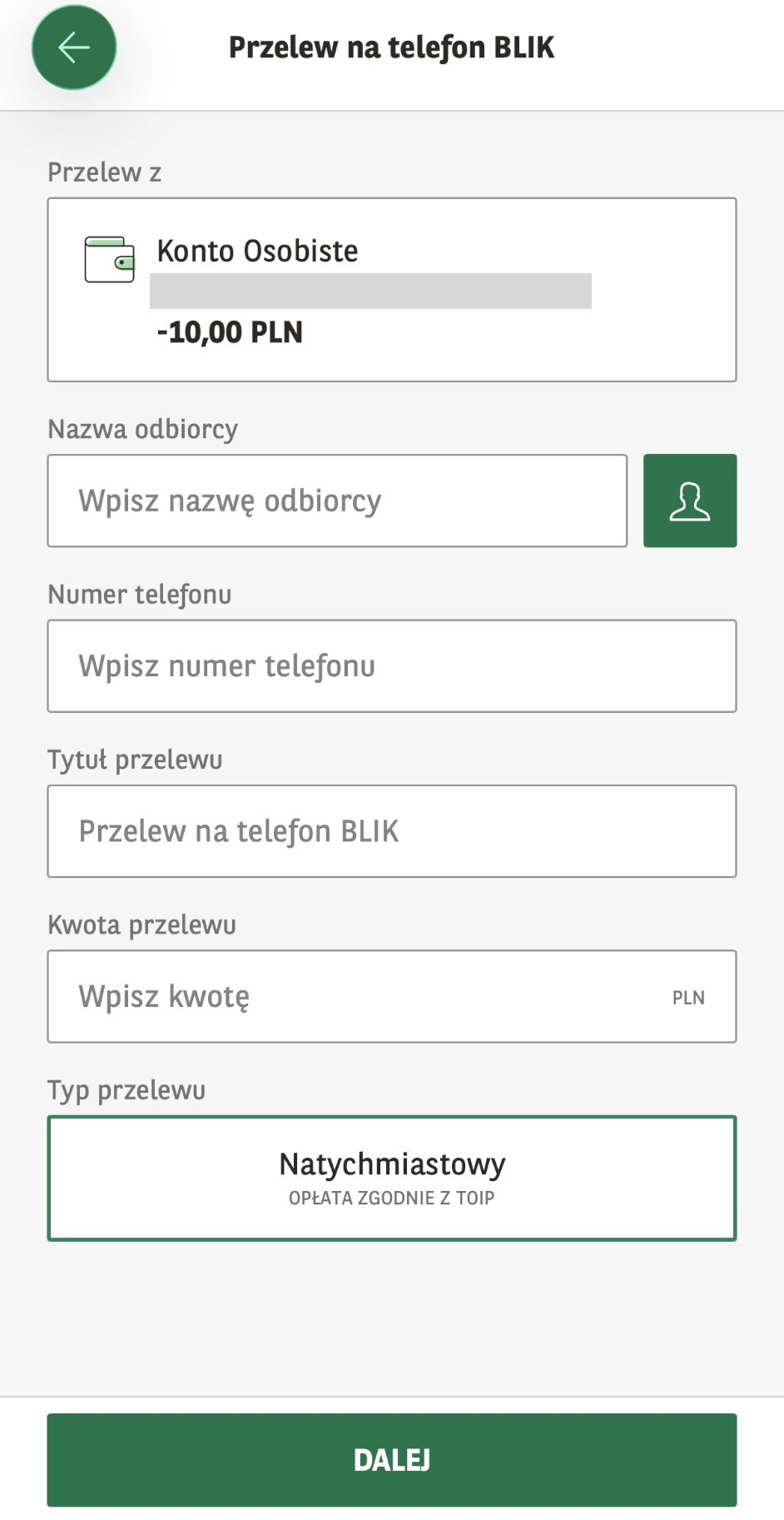 Formularz przelewu na telefon BLIK w GOmobile z polami odbiorcy, numeru, tytułu i kwoty