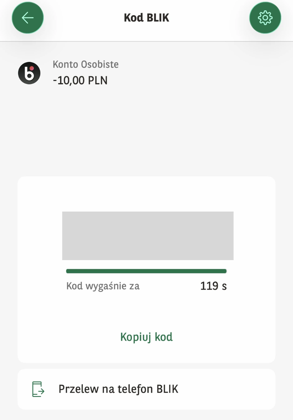 Ekran kodu BLIK w GOmobile z ukrytymi cyframi i czasem do wygaśnięcia
