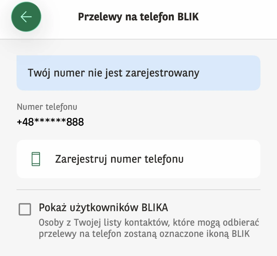 GOmobile pokazuje niezarejestrowany numer i przycisk Zarejestruj numer telefonu