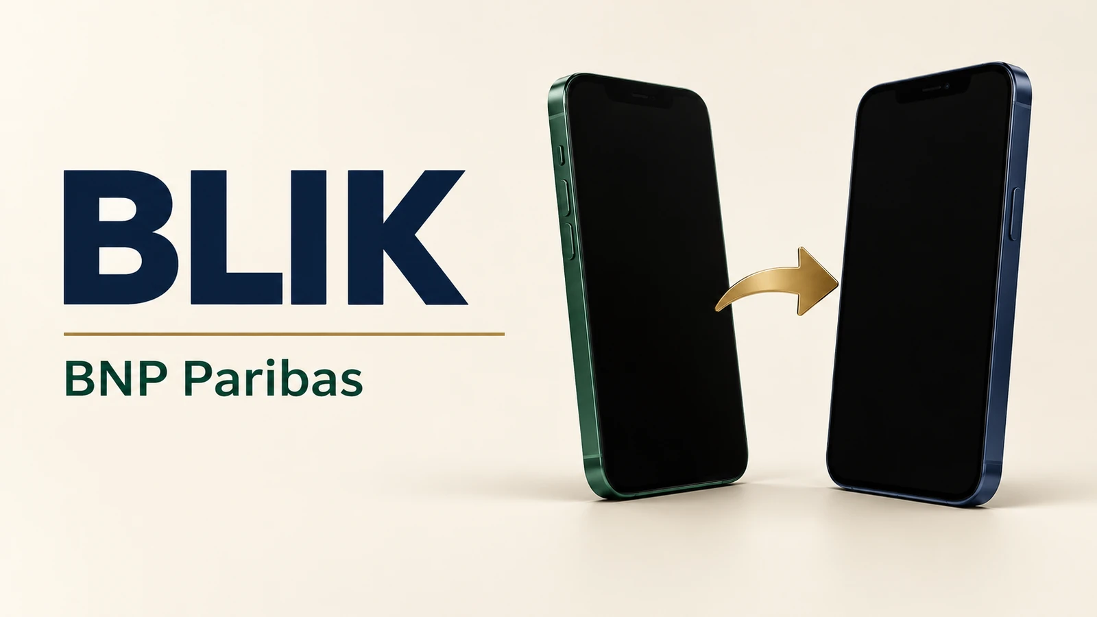 BLIK w BNP Paribas, dwa telefony z pustymi ekranami i strzałka przelewu.