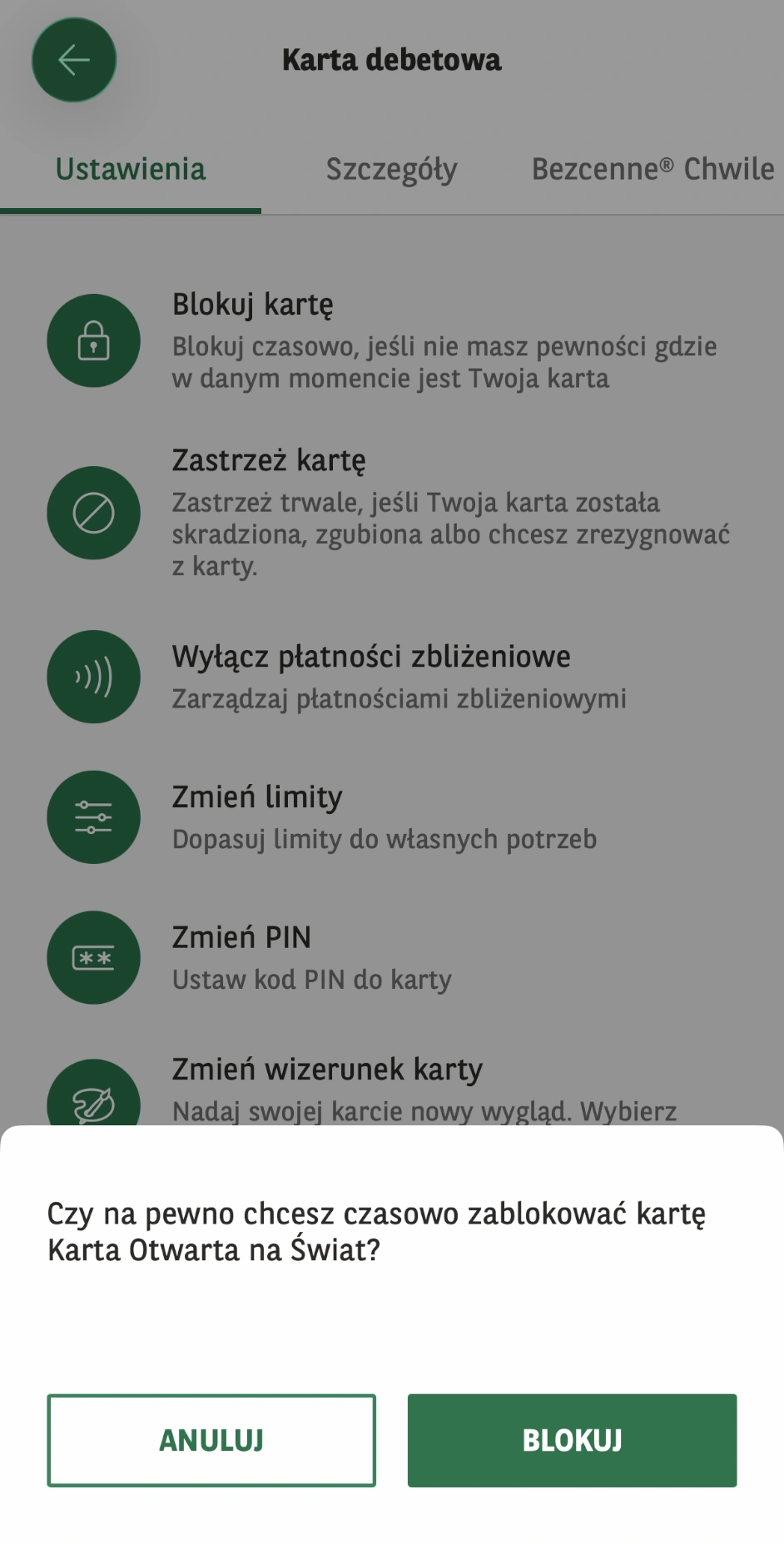 Okno GOmobile z pytaniem o czasowe zablokowanie Karty Otwartej na Świat